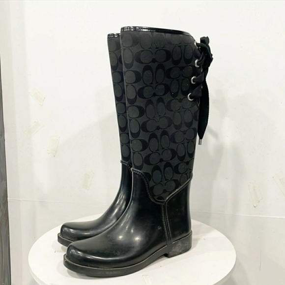 Coach Designer Tristee Black Signature Print Round Toe Rain Boots Size 9 B - Picture 4 of 9
